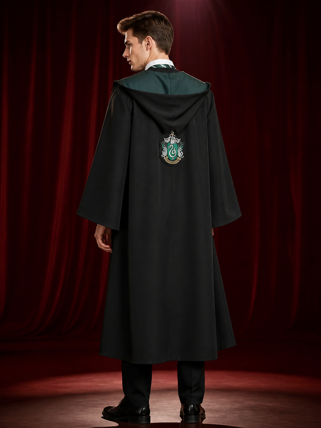 Slytherin Hooded Wizard Robe Costume Set with Striped Tie and Crest back view