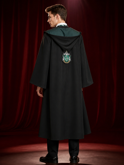 Slytherin Hooded Wizard Robe Costume Set with Striped Tie and Crest back view