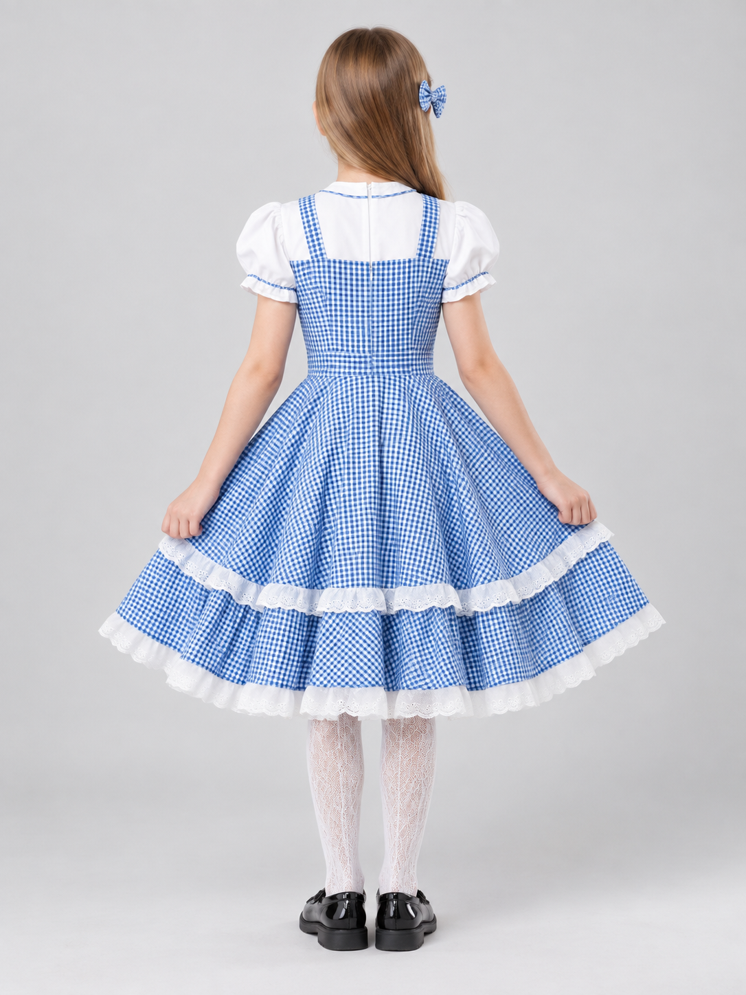 Blue and White Plaid Cosplay Dress with Bow and Headband