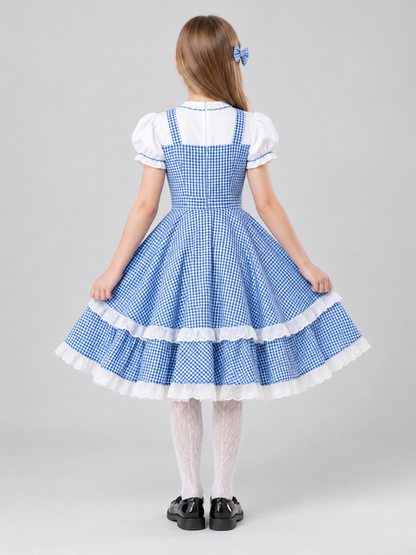 Blue and White Plaid Cosplay Dress with Bow and Headband