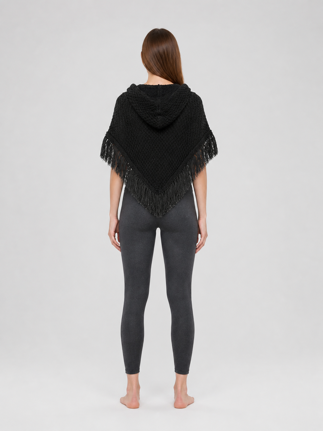 Black hooded fringed knit poncho product view 22