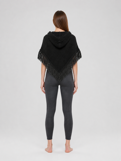 Black hooded fringed knit poncho product view 22