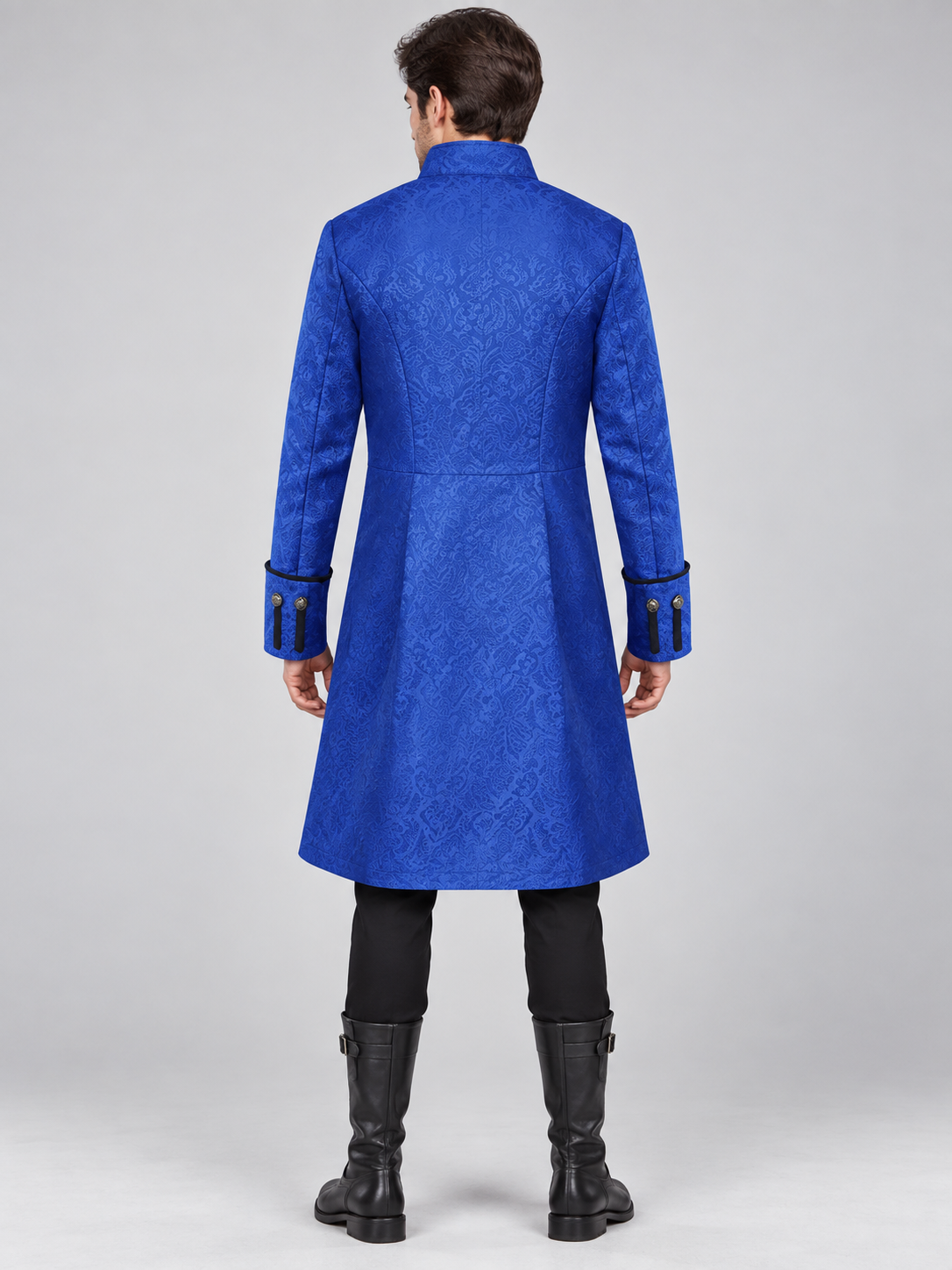 Long blue frock coat with black inset and buttons