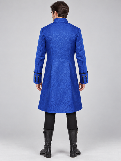 Long blue frock coat with black inset and buttons