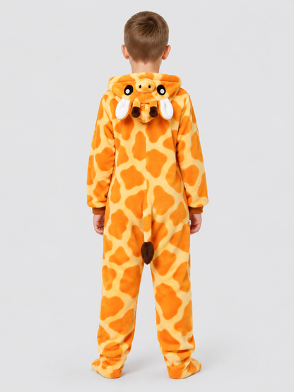 Orange Hooded Pajama Jumpsuit with Giraffe Face