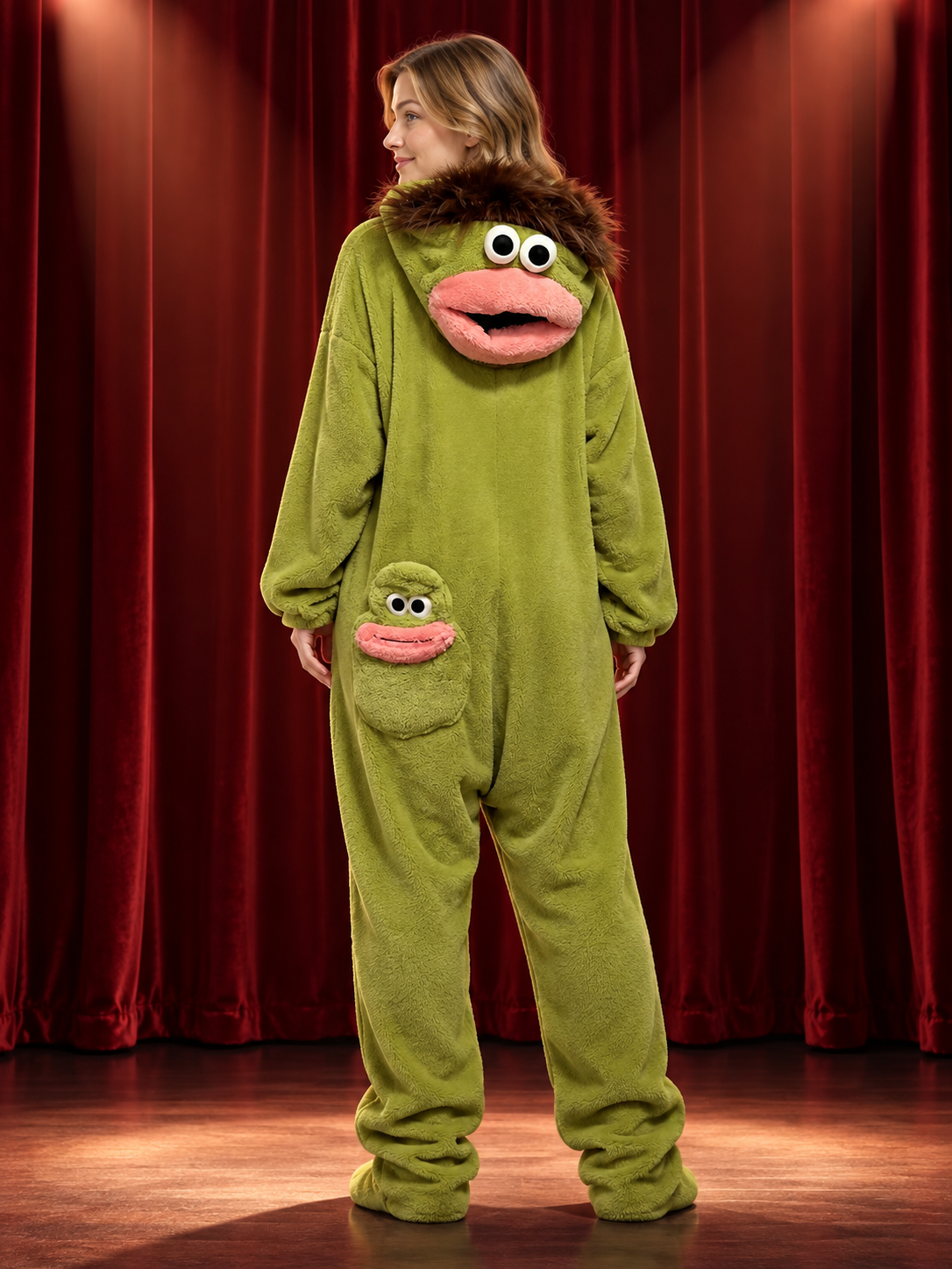 Olive green coral fleece pajama jumpsuit