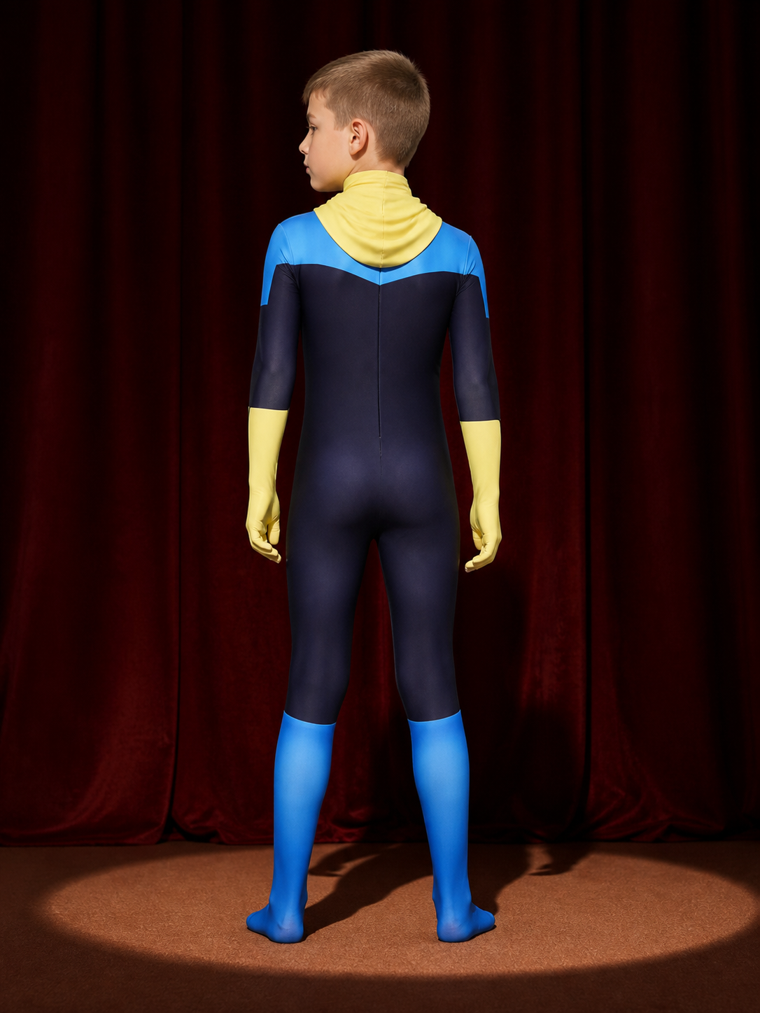 Superhero Muscle Bodysuit Costume, Blue Yellow Cosplay Outfit back view