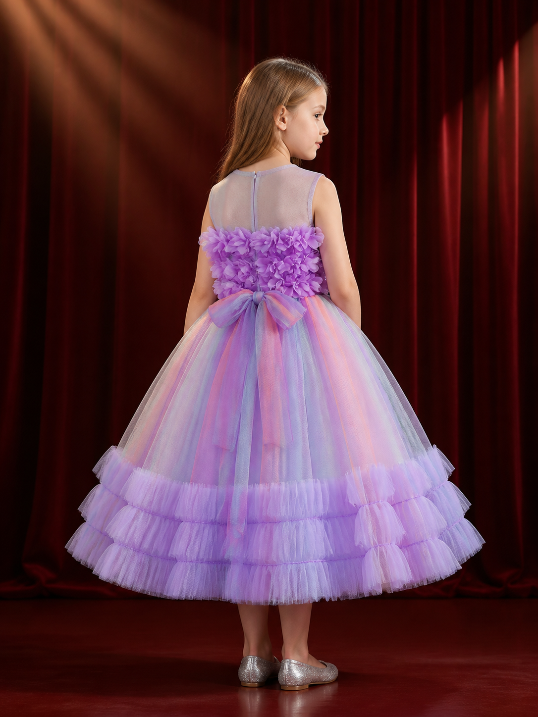 Toddler Girls' Multicolor Princess Dress with 3D Floral Ruffles back view