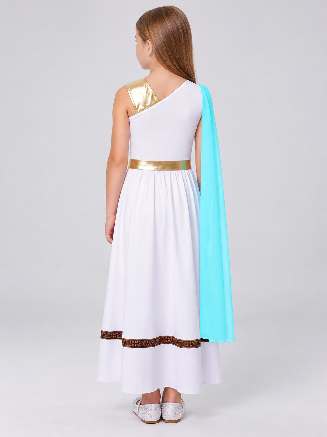 Floor-Length Dress with Turquoise Cape and Asymmetrical Top