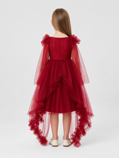 Burgundy Princess Dress with a Long Train and Bows back view