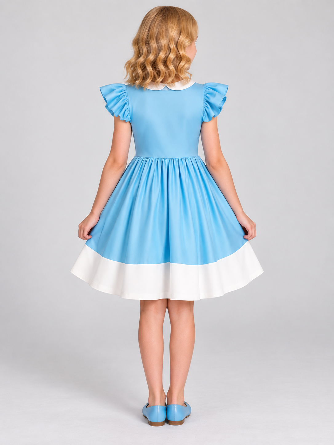 Blue carnival dress with white trim and ruffles