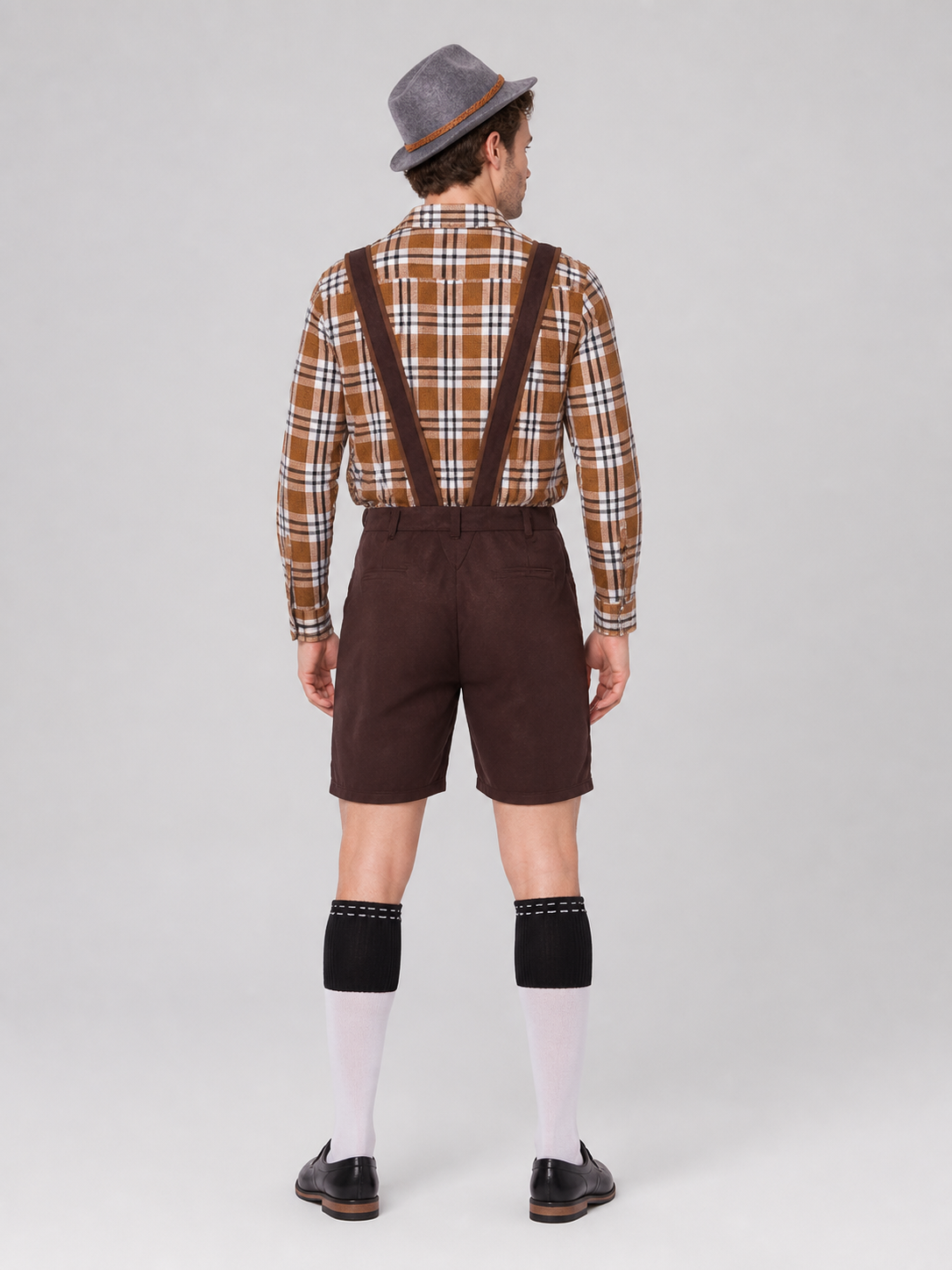 Bavarian Costume: Plaid Shirt, Shorts, and Hat back view