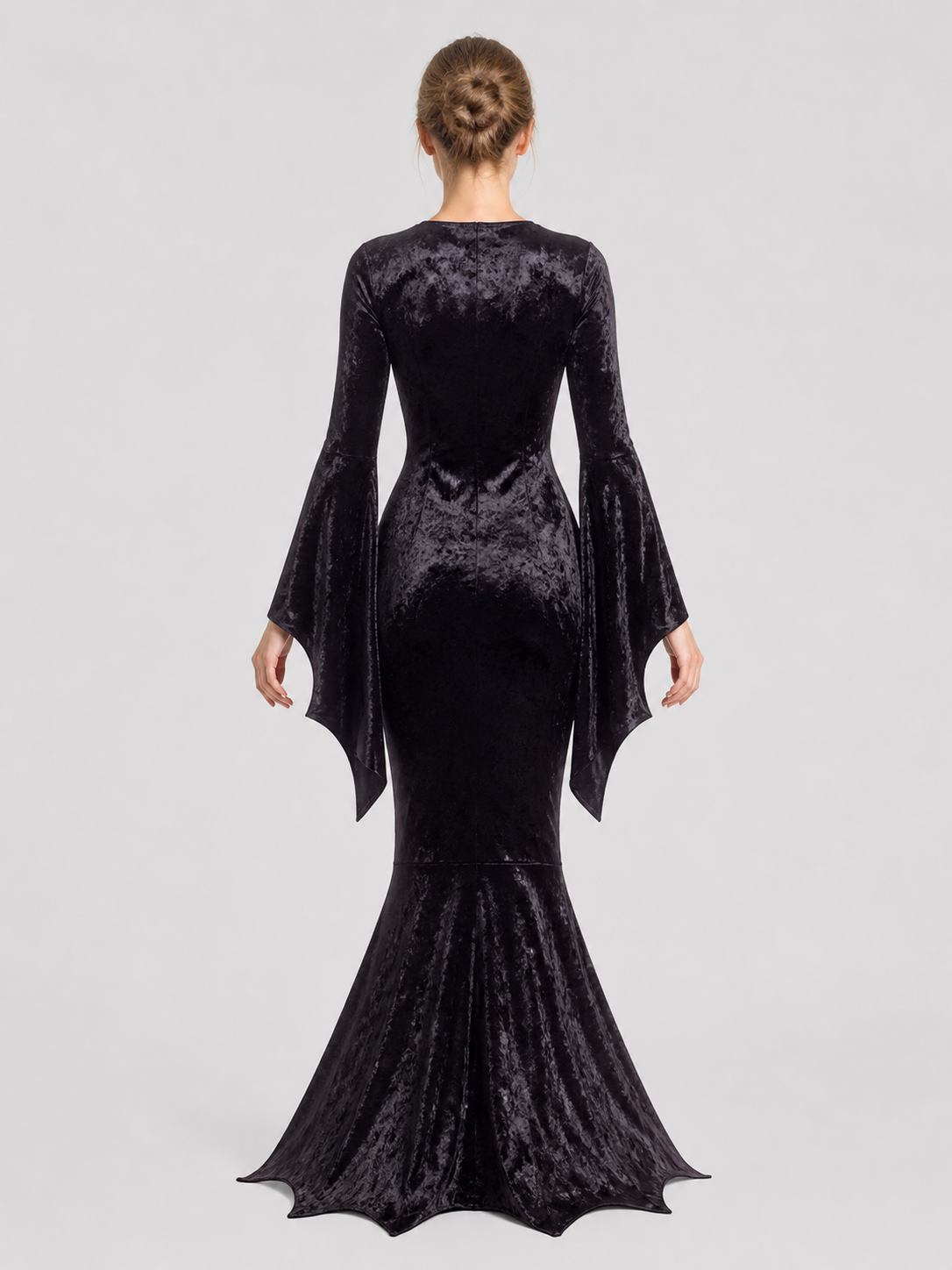 Black Vampire Costume with Bat-Wing Sleeves, Mermaid Dress back view