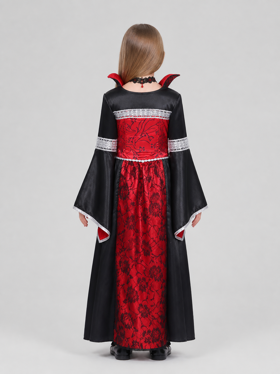 Red Halloween Witch Dress for Girls with Cape and Flowers back view