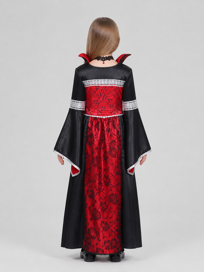 Red Halloween Witch Dress for Girls with Cape and Flowers back view