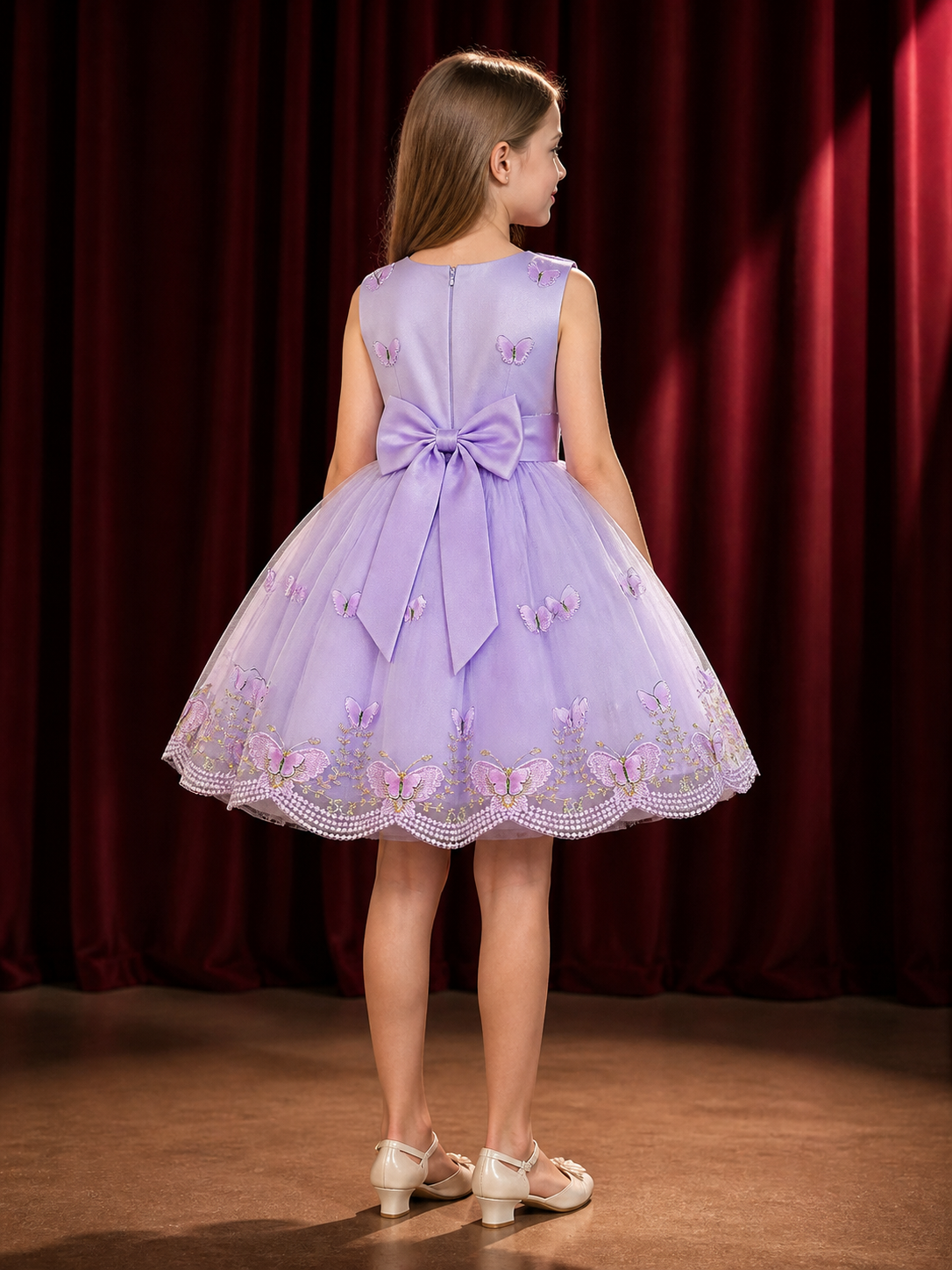 Girls' Lavender Princess Dress with Butterfly Embroidery and Bow Details back view