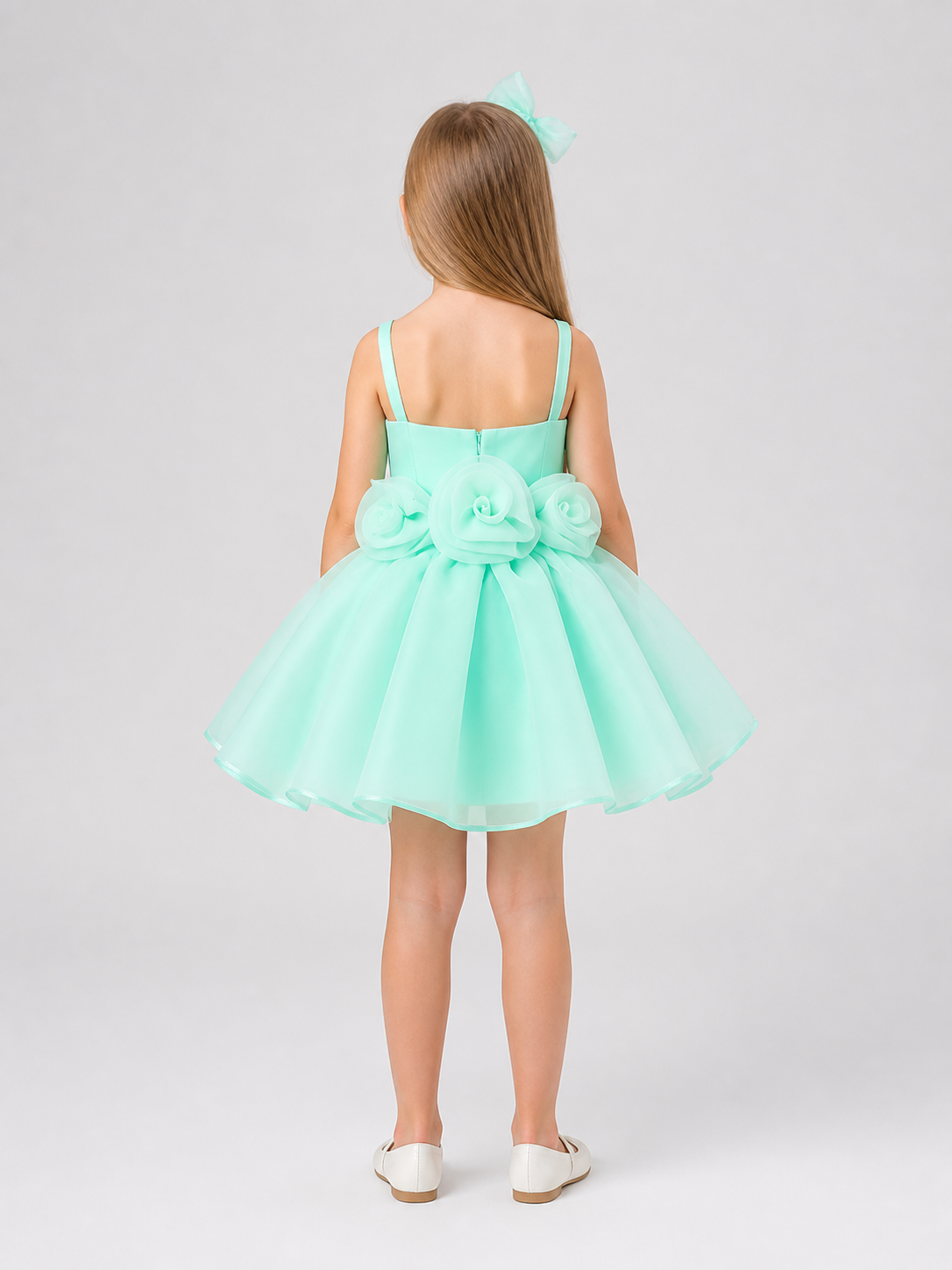 Short, Elegant Mint Dress with Roses and a Full Skirt back view