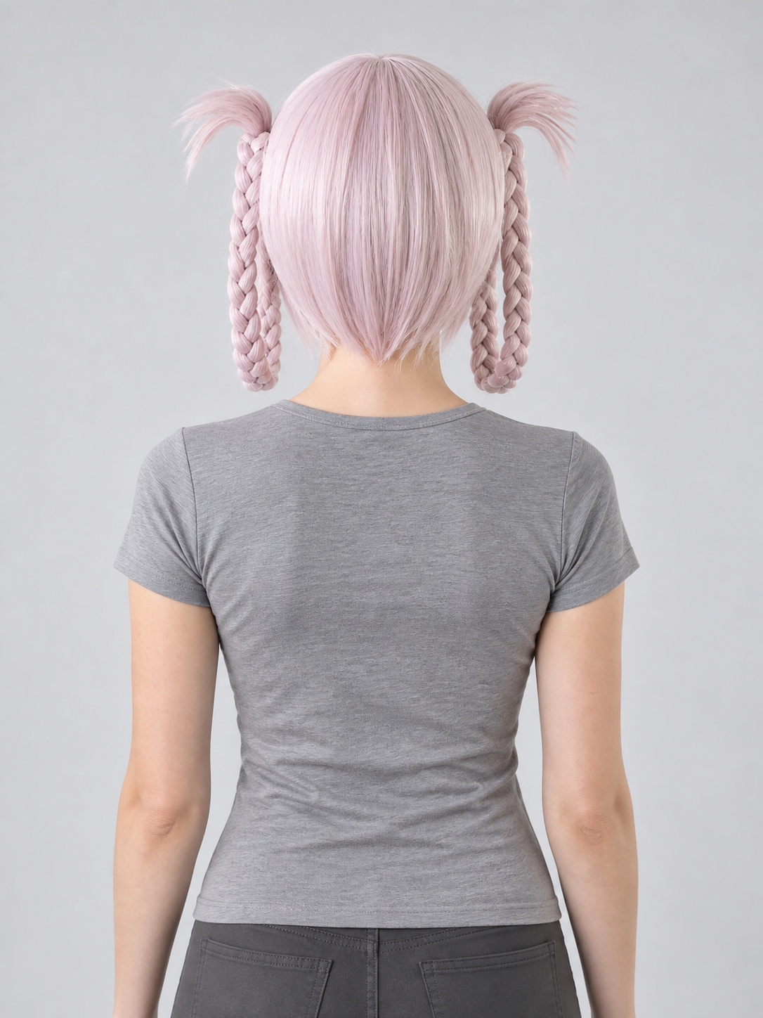 Pastel Pink Medium-Length Wig with Braids and Bangs