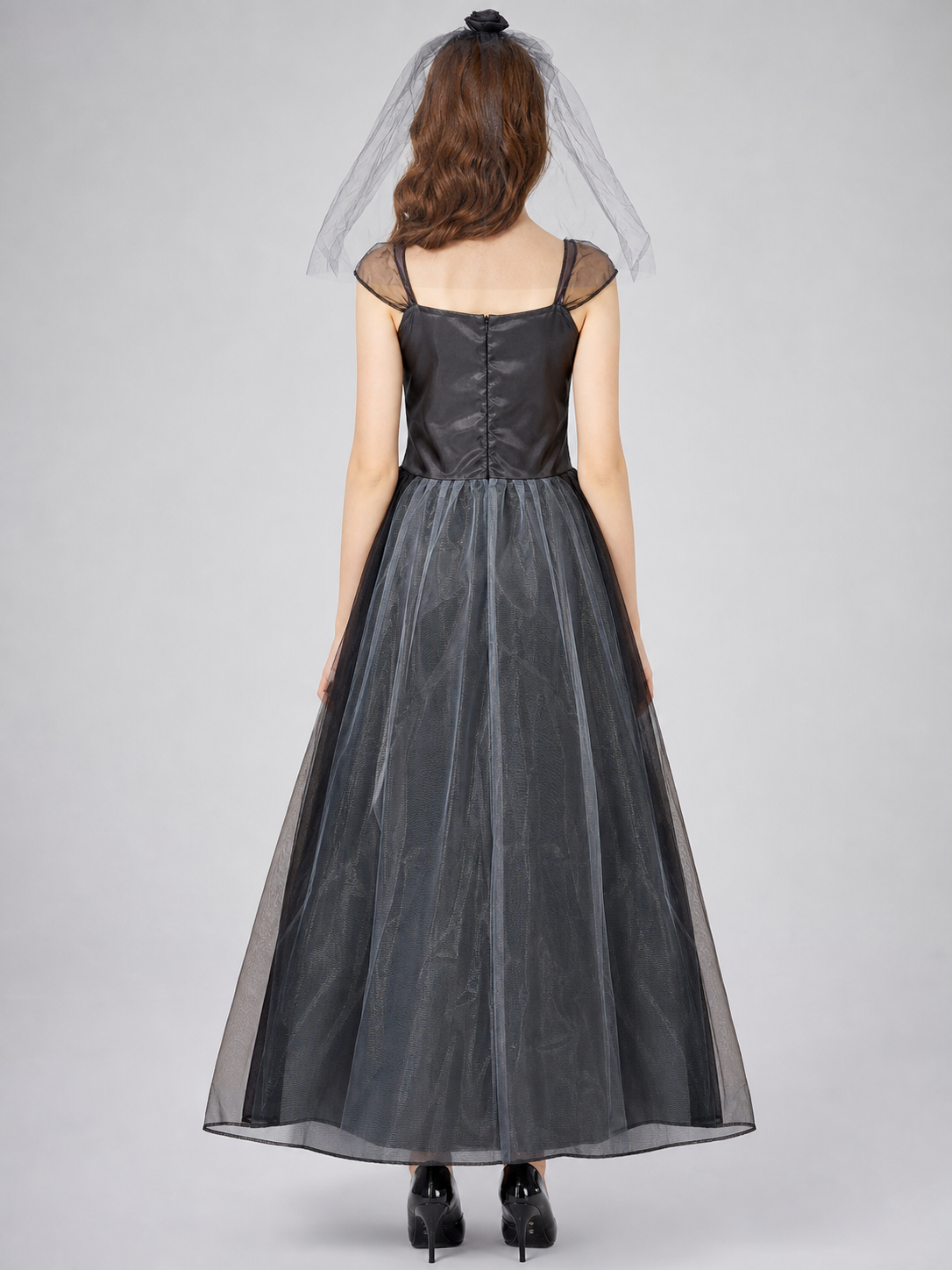 Long Gothic Gray-and-Black Dress with a Rose