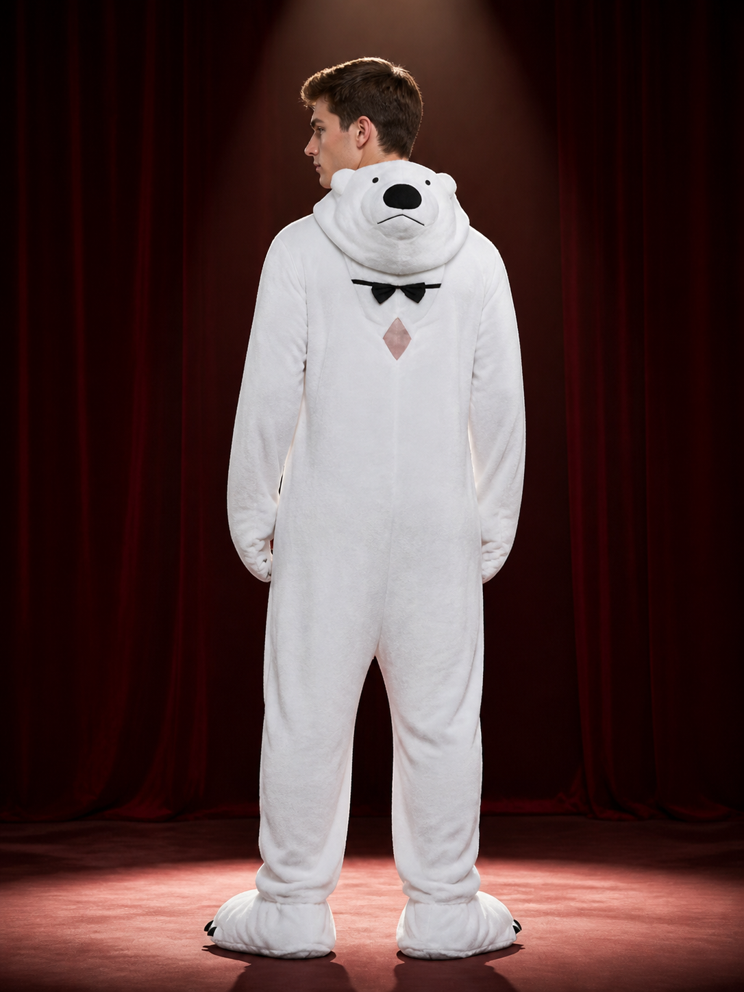 Inflatable White Bear Onesie Costume with Black Bow for Christmas Party back view