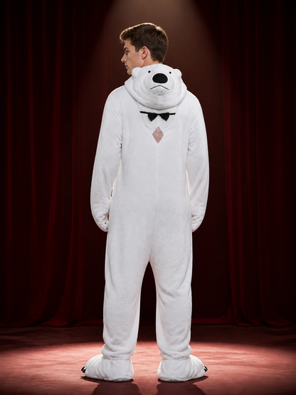 Inflatable White Bear Onesie Costume with Black Bow for Christmas Party back view