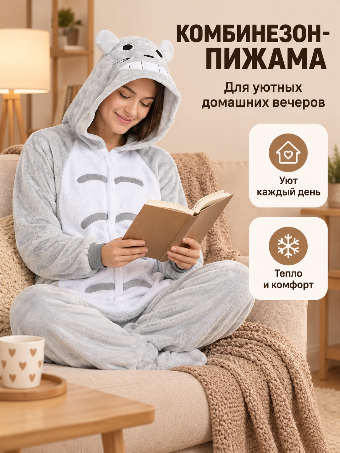 Gray jumpsuit pajama with a hood, animal face, and zipper