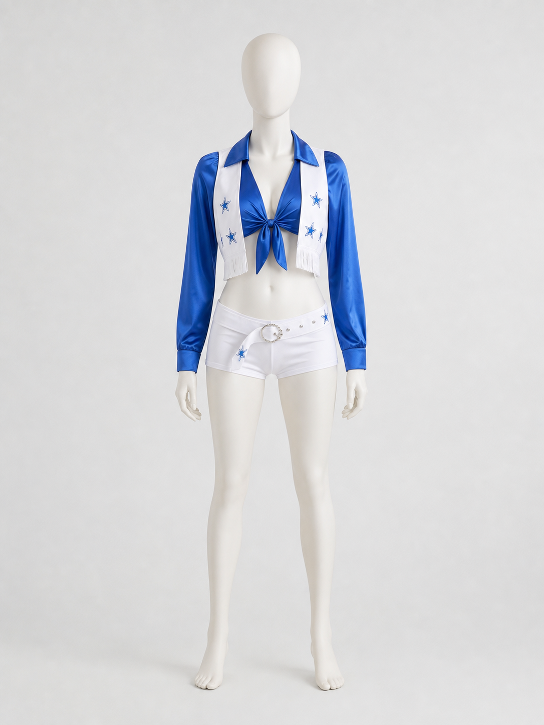 Blue-and-White Cheerleading Costume, Top, Shorts, and Scarf back view