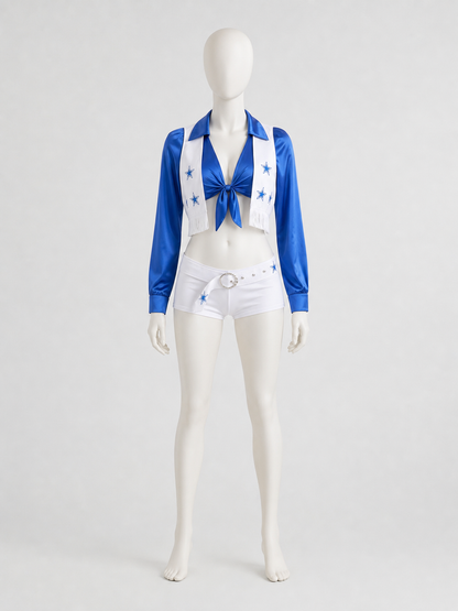 Blue-and-White Cheerleading Costume, Top, Shorts, and Scarf back view