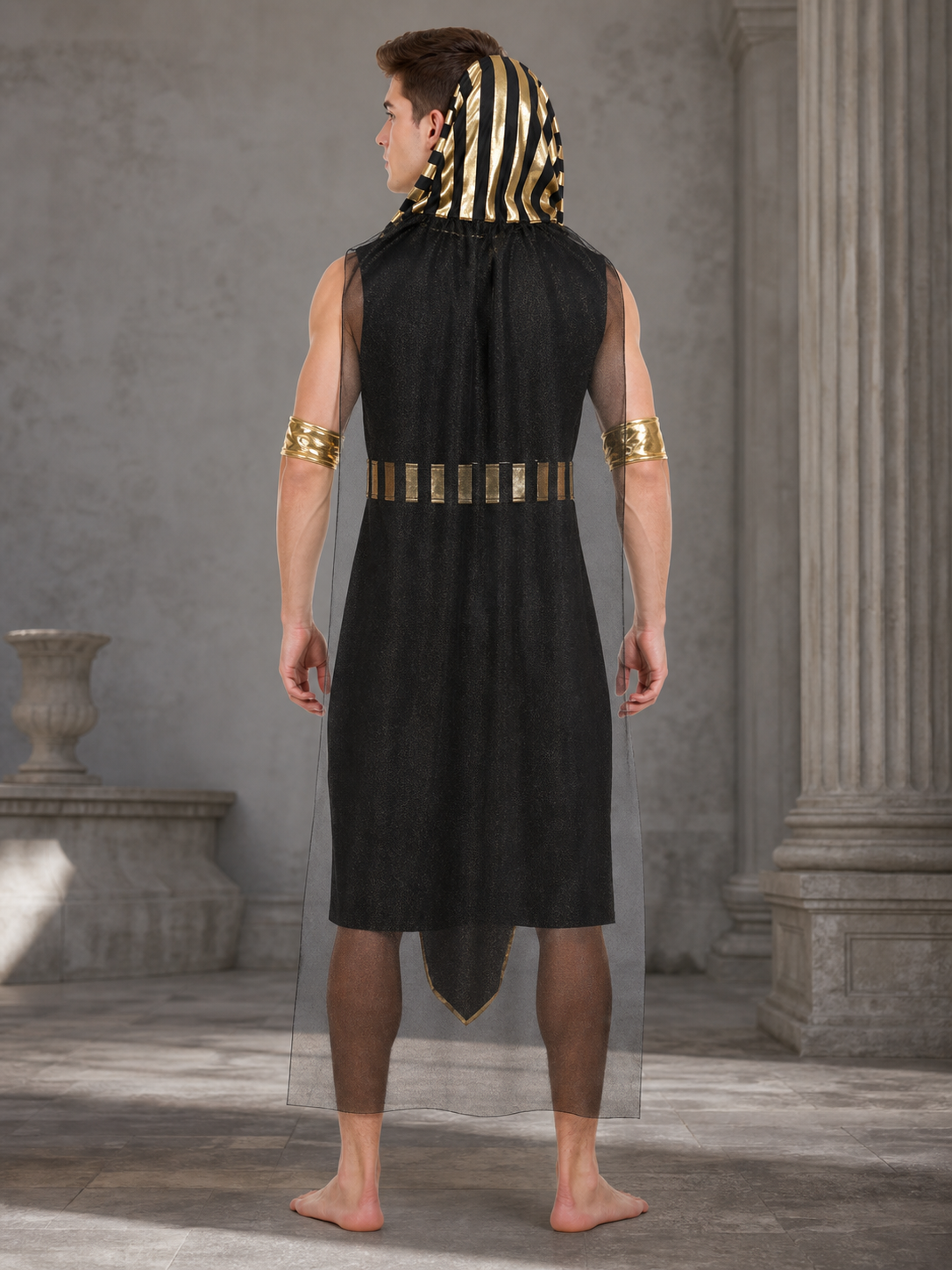 Men’s Egyptian Pharaoh Halloween Costume Set, 4-Piece Role Play Outfit with Headpiece, Neck Ornament and Belt for Cosplay Stage Performance