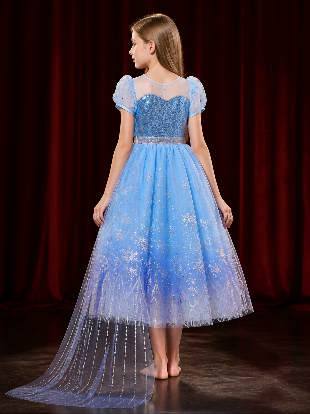 Kids Snow Queen Princess Dress, Sequined Puffy Gown with Snowflakes, Halloween back view