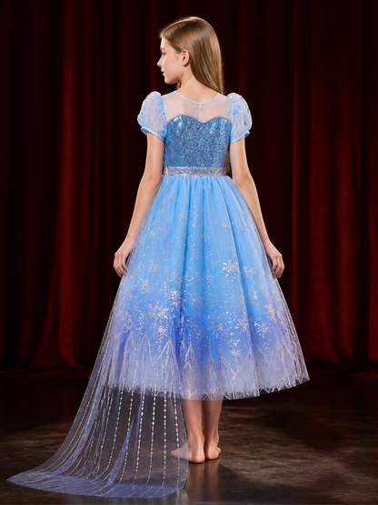 Kids Snow Queen Princess Dress, Sequined Puffy Gown with Snowflakes, Halloween back view