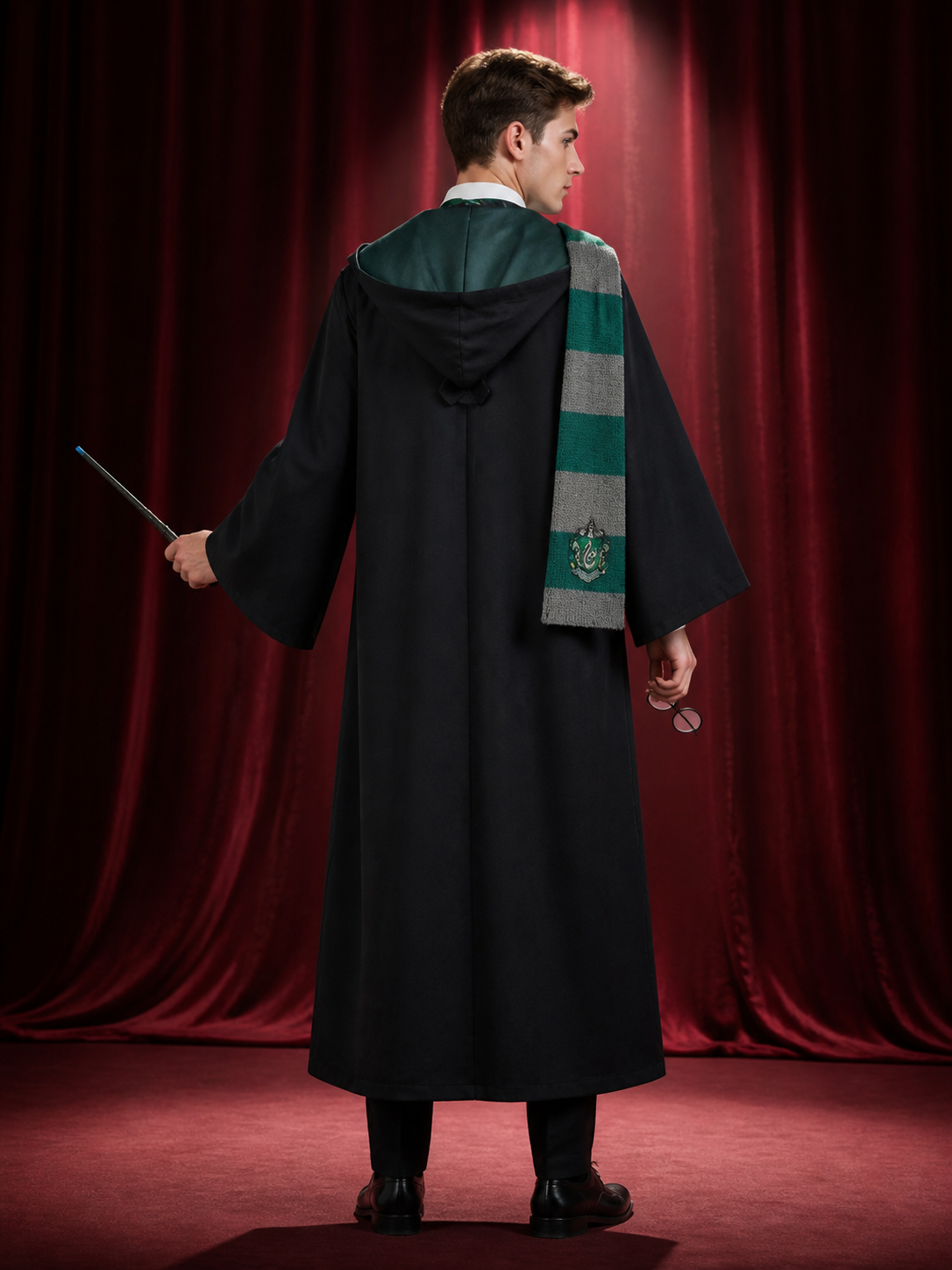 Slytherin-Themed Hooded Wizard Robe Costume Set With Scarf, Tie, Glasses And back view