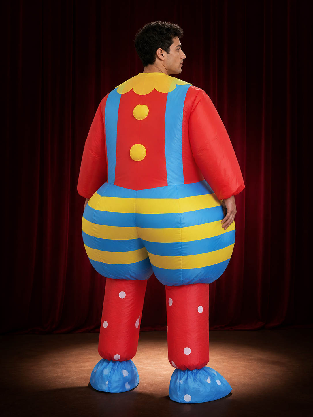 Red Blue Yellow Striped Clown Inflatable Bodysuit Costume back view
