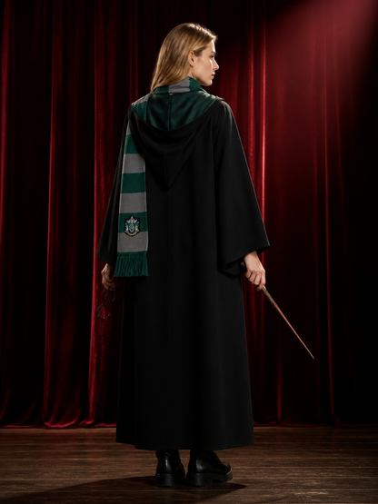 Hooded Wizard Robe Costume Set with Scarf, Tie, Wand and Glasses, Black and back view