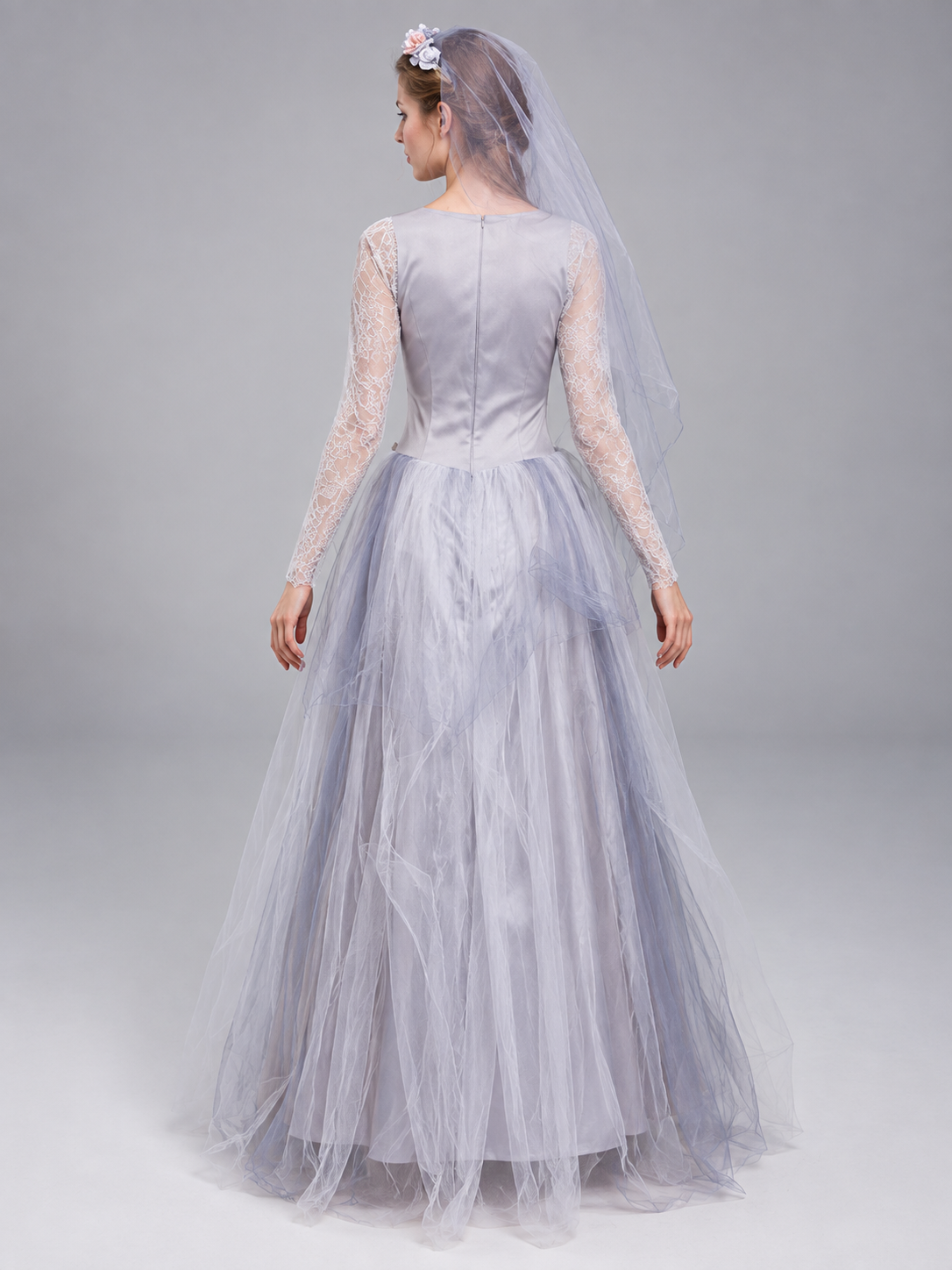 Costume Dress with Veil and Floral Wreath back view
