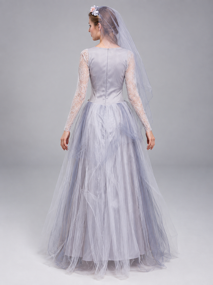 Costume Dress with Veil and Floral Wreath back view