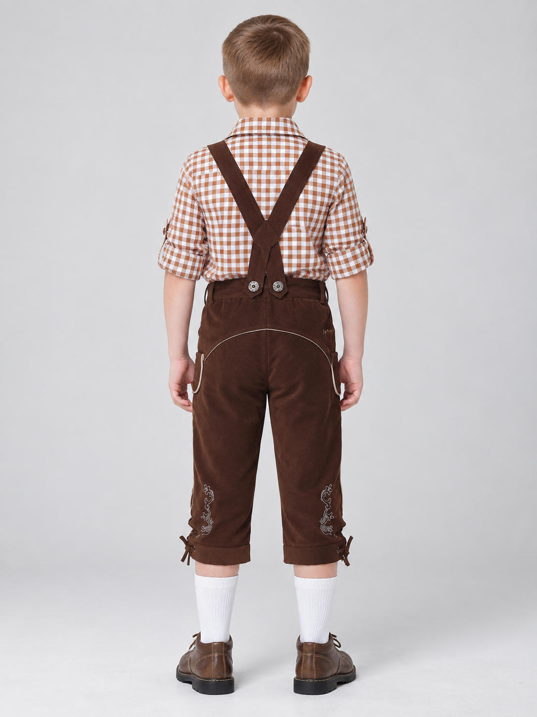 Brown Knee-Length Suspender Pants with Embroidery