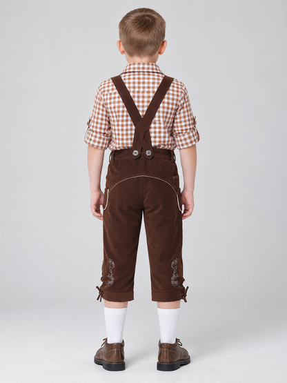 Brown Knee-Length Suspender Pants with Embroidery