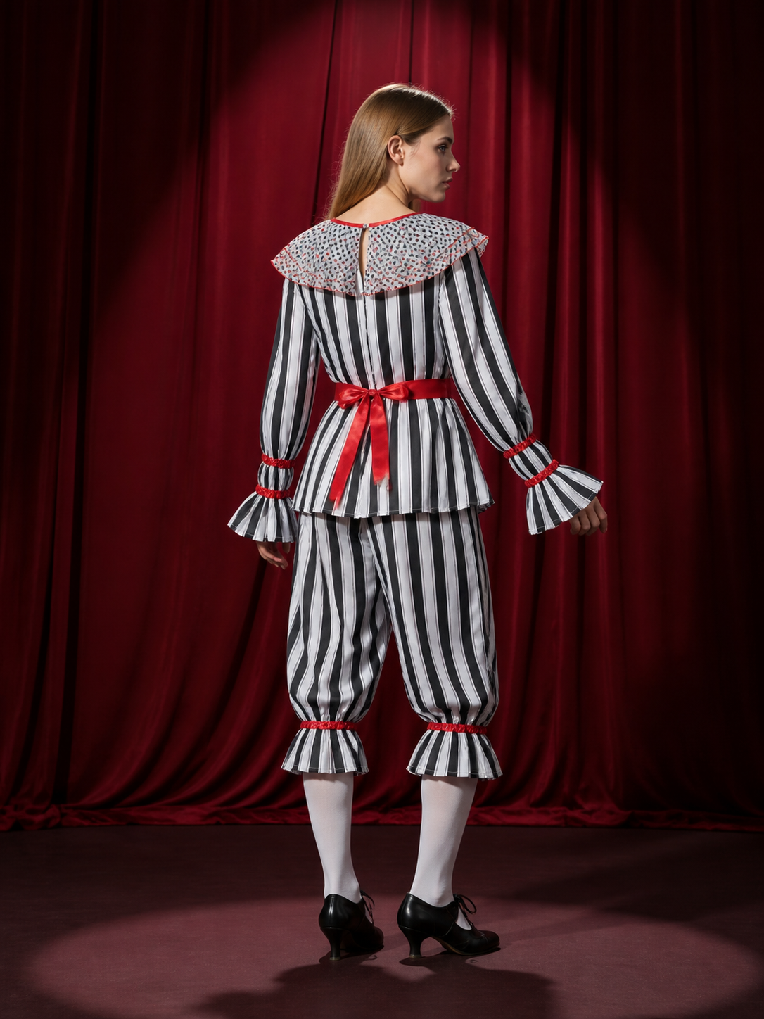 Adult Striped Clown Costume Set with Ruffle Collar and Red Trim, Two-Piece back view