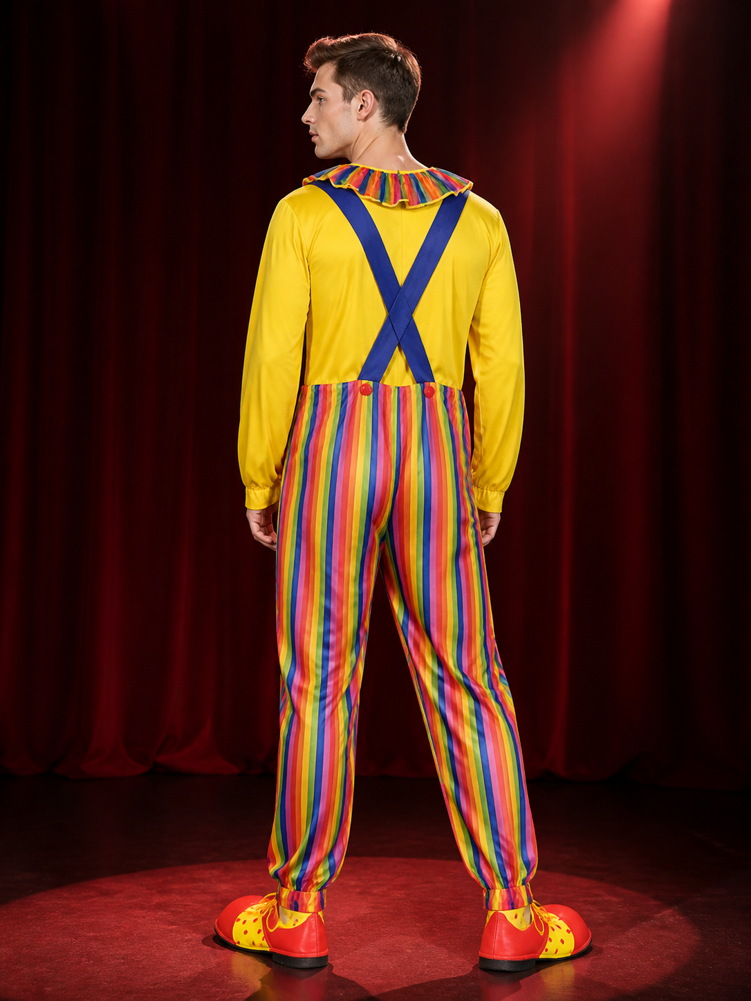 Adult Clown Jumpsuit Costume, Colorful Striped Halloween Outfit with Suspenders back view