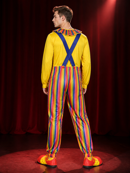 Adult Clown Jumpsuit Costume, Colorful Striped Halloween Outfit with Suspenders back view