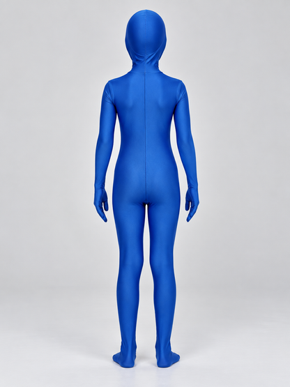 Blue form-fitting zentai bodysuit with hood