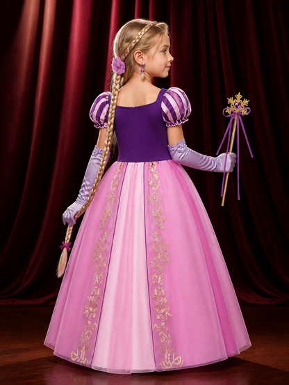 Girls' Rapunzel-Style Princess Costume Dress Set With Wig, Earrings, Gloves And back view