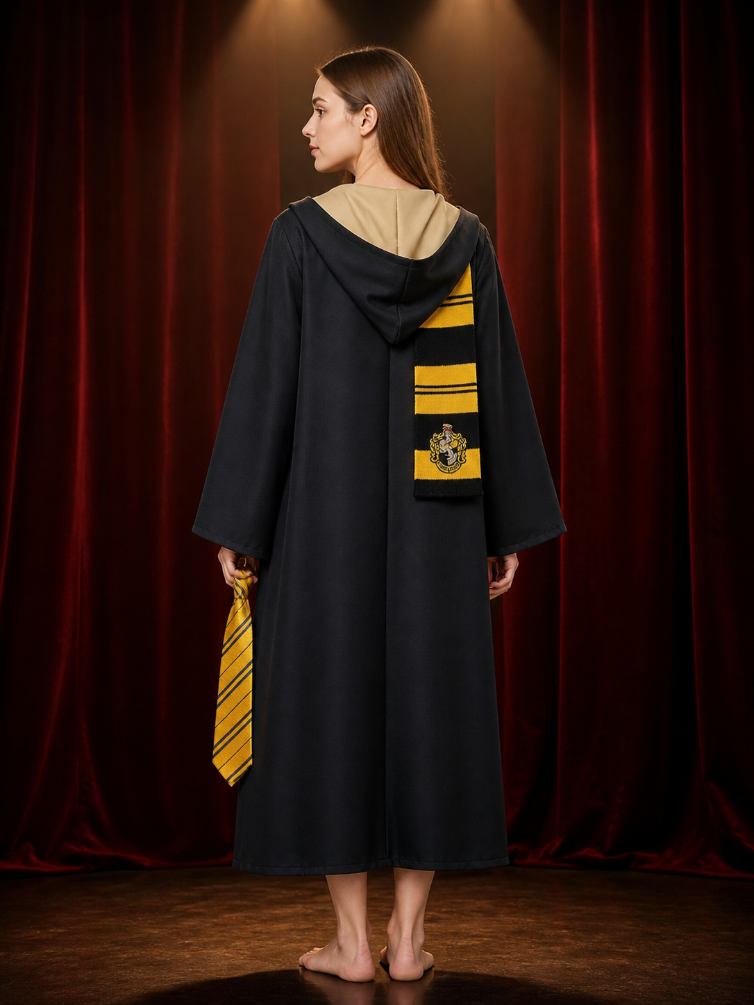 Wizard Cosplay Costume Set - Yellow and Black Hooded Robe, Tie & Scarf back view
