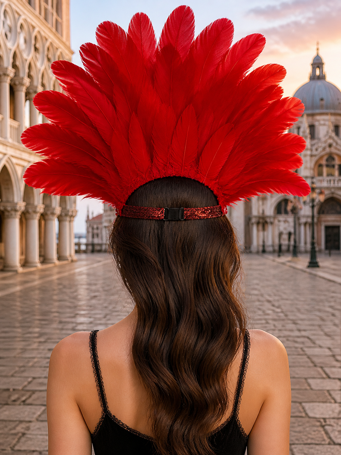 Red feather masquerade half mask product view 37