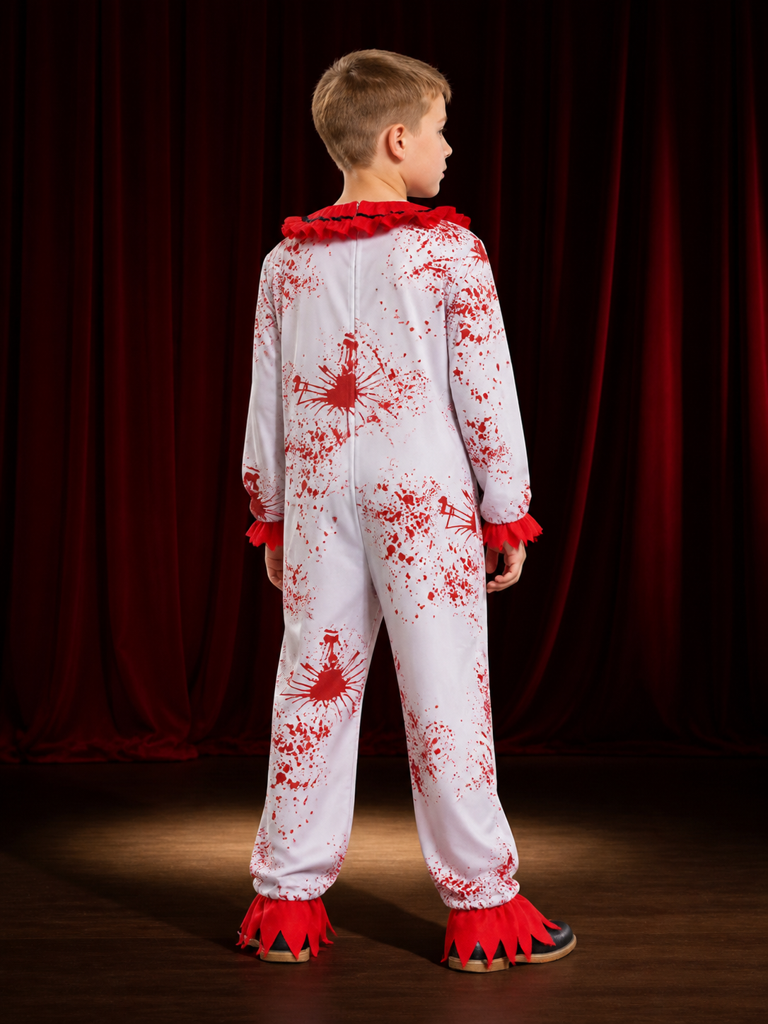 Kids' Scary Clown Bodysuit Costume with Red Ruffles, Halloween Outfit back view