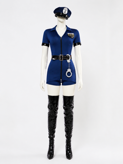 Police Costume Jumpsuit, Blue Zip-Up Set With Hat, Belt & Handcuffs For back view