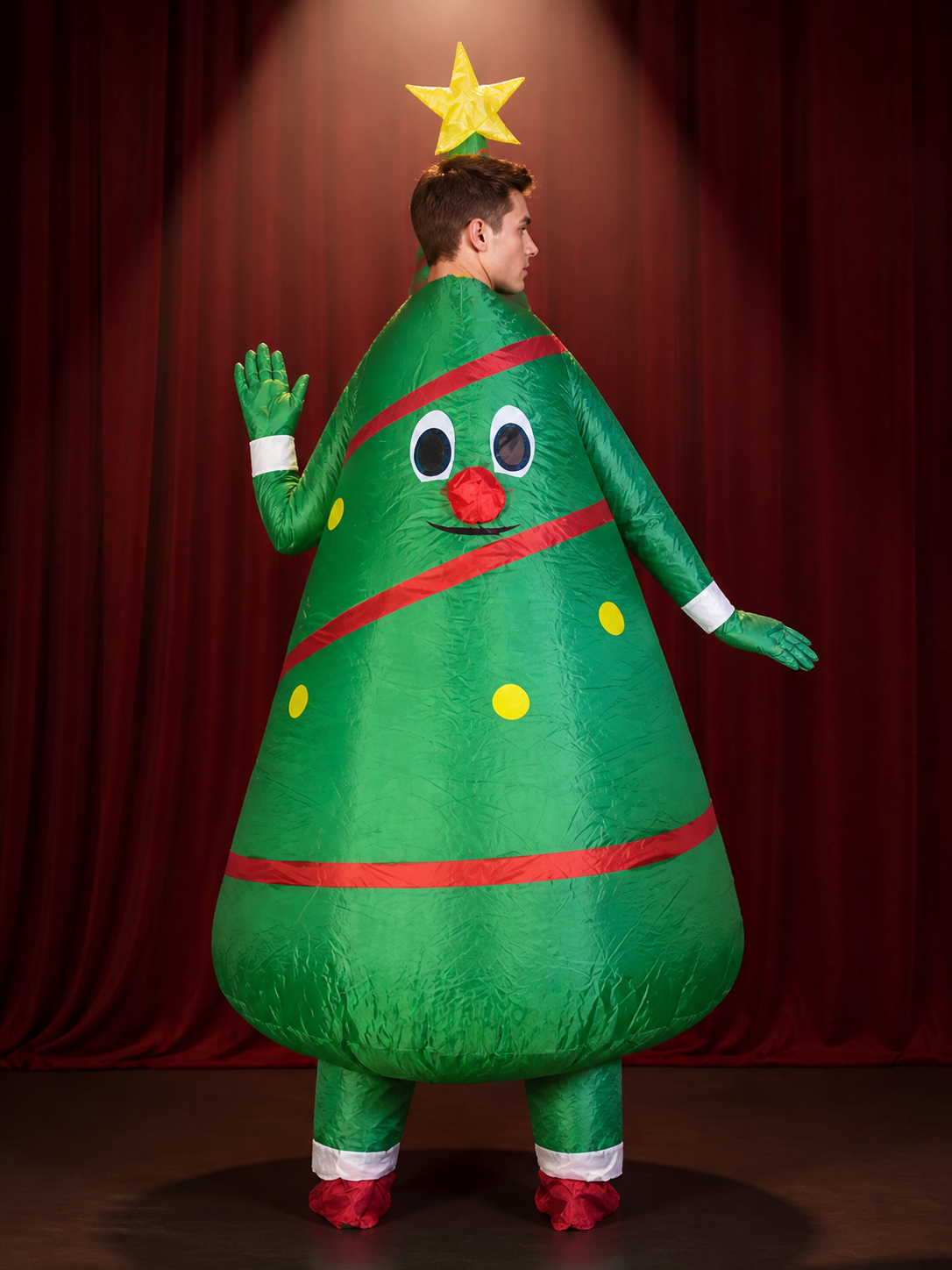Unisex Christmas Tree Costume, Cartoon Face with Star Topper, Green Party Outfit back view