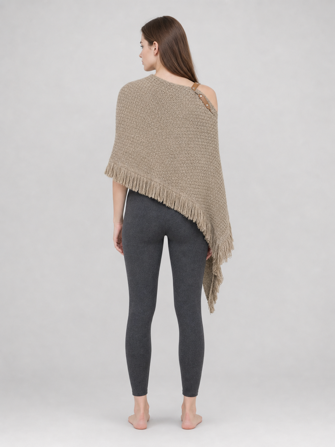 Triangular Wool Shawl with Fringe, Milk Coffee