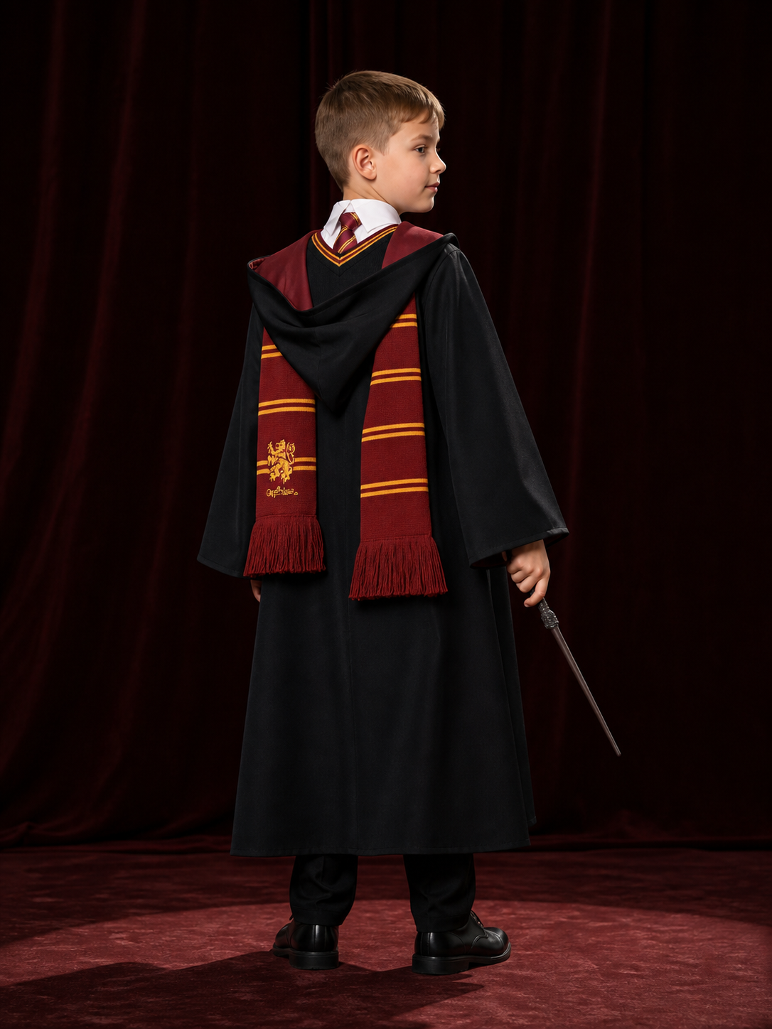 Hooded Wizard Robe Costume Set With Tie, Scarf, Shirt, Vest And Wand back view